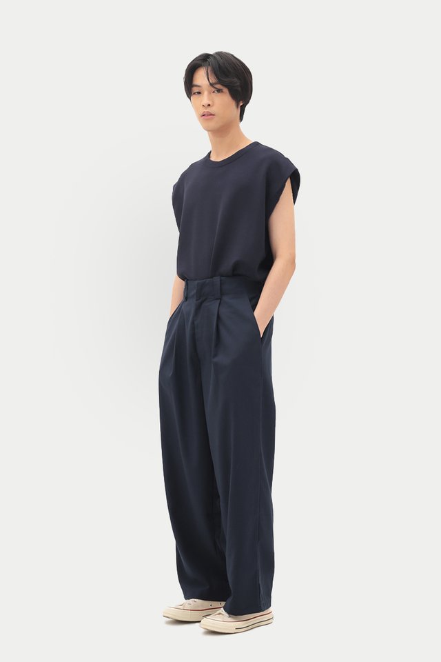BOWIE WIDE-FIT ELASTIC WAIST TROUSERS IN NAVY