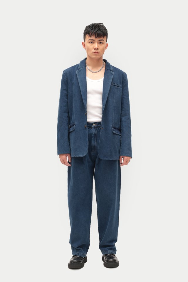 ARCADE X HIRO Y. DENIM WIDE-FIT TROUSERS IN TRUE BLUE