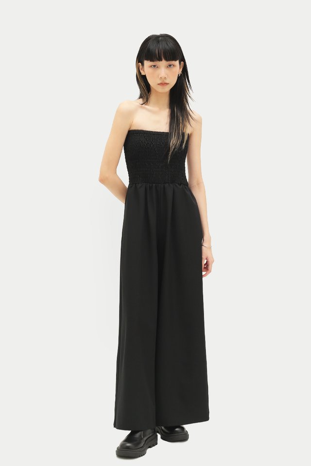 ALTHEA SHIRRED TUBE JUMPSUIT IN BLACK