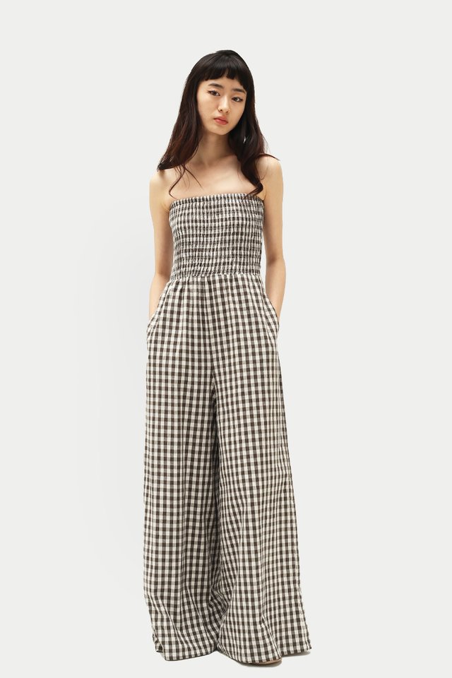 ALTHEA SHIRRED TUBE JUMPSUIT IN GINGHAM