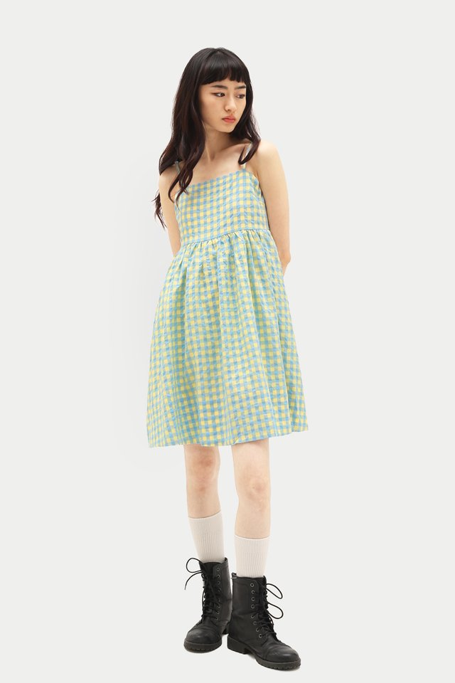 CLEO GINGHAM ROMPER DRESS IN BLUE/YELLOW