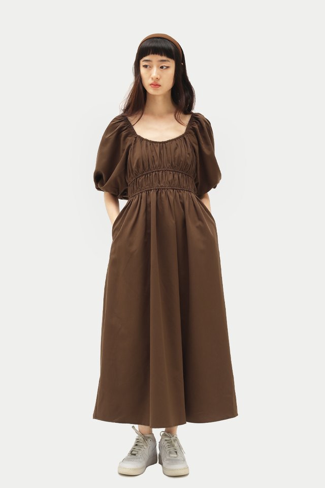 THEA PUFF SLEEVES DRESS IN BROWN