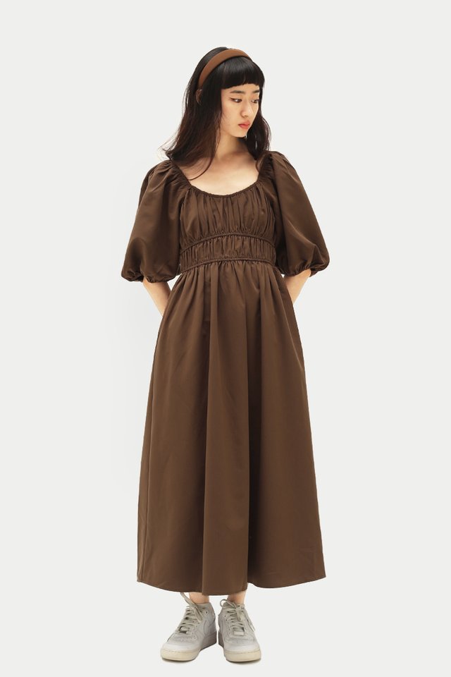 THEA PUFF SLEEVES DRESS IN BROWN