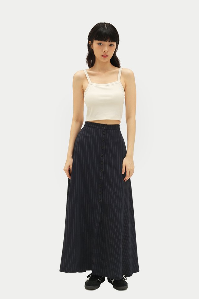 KEELEY BUTTON MAXI SKIRT IN NAVY STRIPE