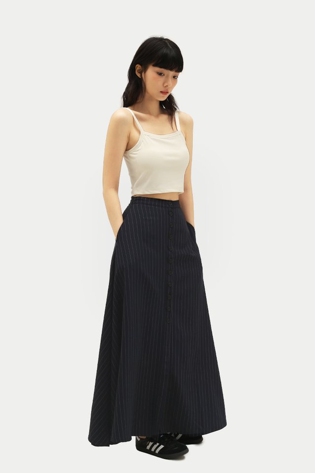 KEELEY BUTTON MAXI SKIRT IN NAVY STRIPE