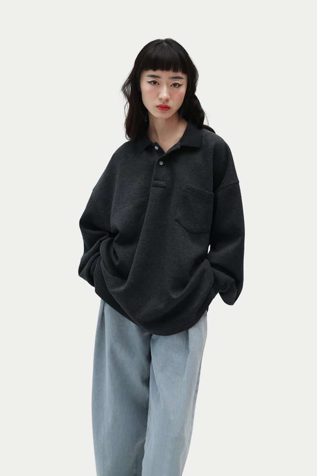 ELLA OVERSIZED POLO SWEATER IN CHARCOAL