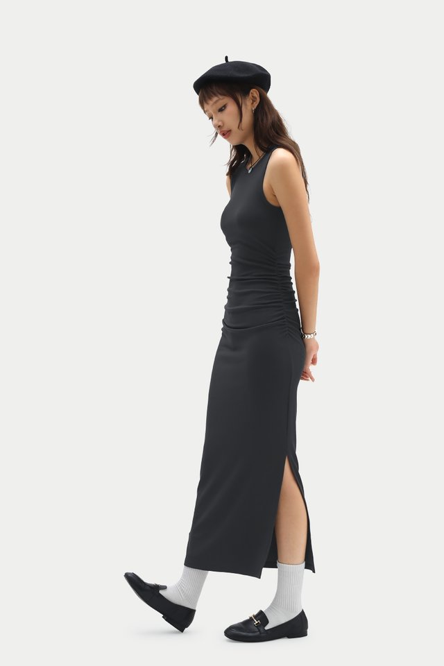 NOHEA SIDE RUCHED TANK DRESS IN CHARCOAL