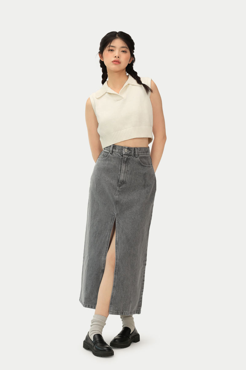 Grey denim midi skirt clearance