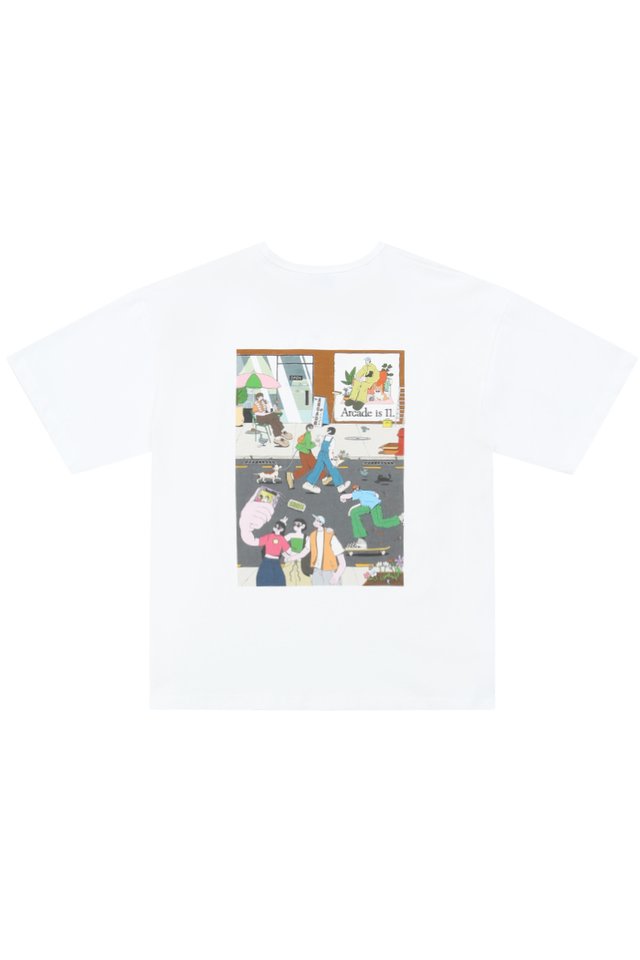 "ARCADE AVENUE" BOXY-FIT TEE IN WHITE