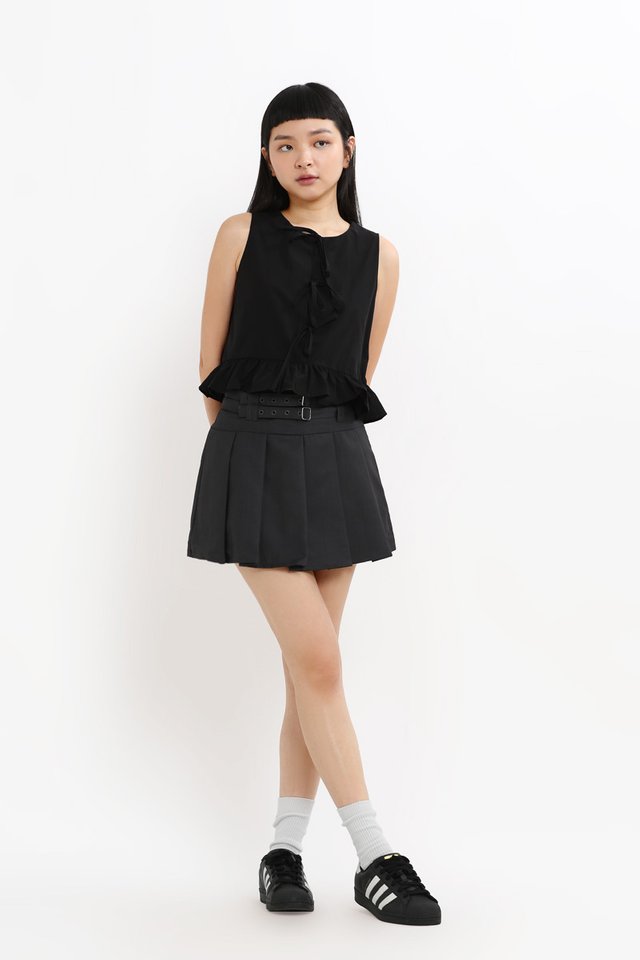 CARRIE RIBBON TIE FRILL TOP IN BLACK