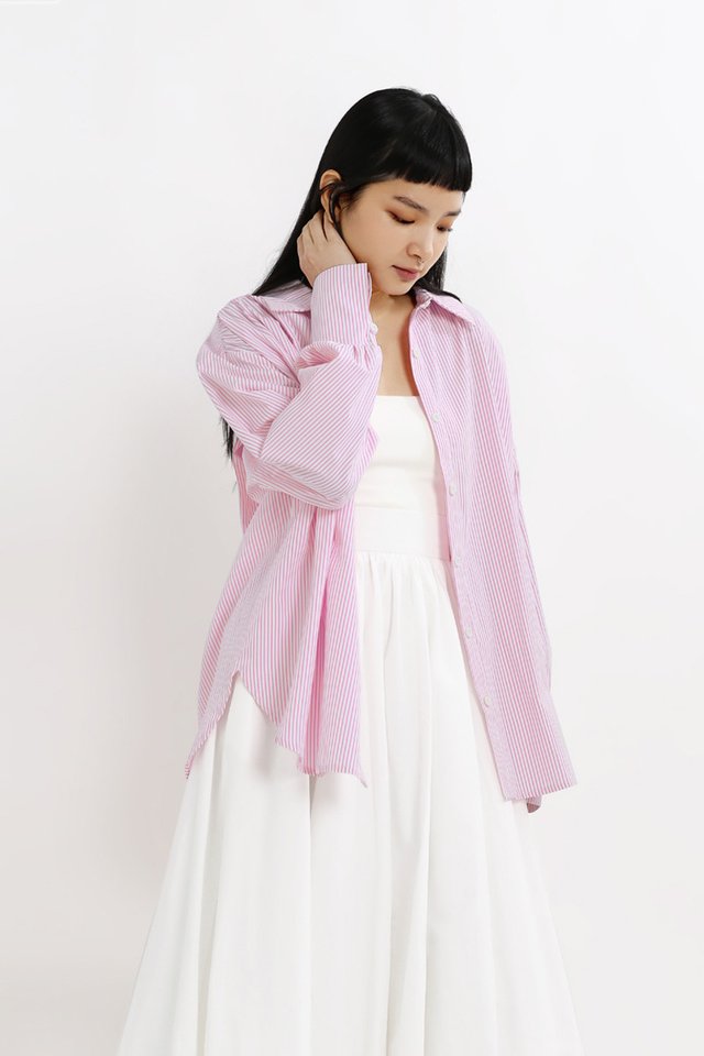 JINNI RUCHED OVERSIZED SHIRT IN PINK STRIPE