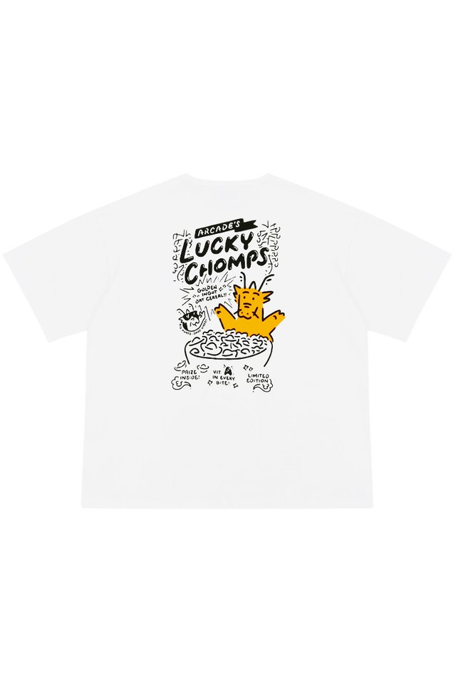 "LUCKY CHOMPS" BOXY-FIT TEE IN WHITE