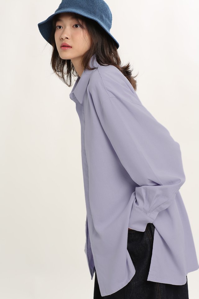 BRAELYN LINEN OVERSIZED SHIRT IN LILAC