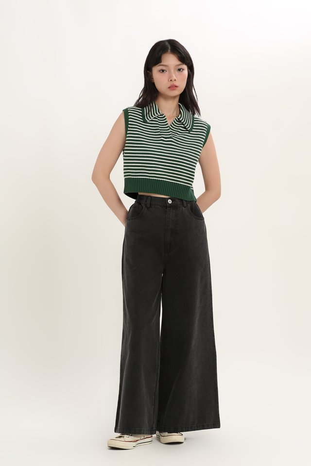 KENDALL STRIPE COLLAR KNIT TOP IN GREEN/WHITE