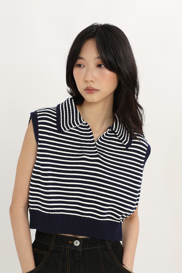 KENDALL STRIPE COLLAR KNIT TOP IN NAVY/WHITE