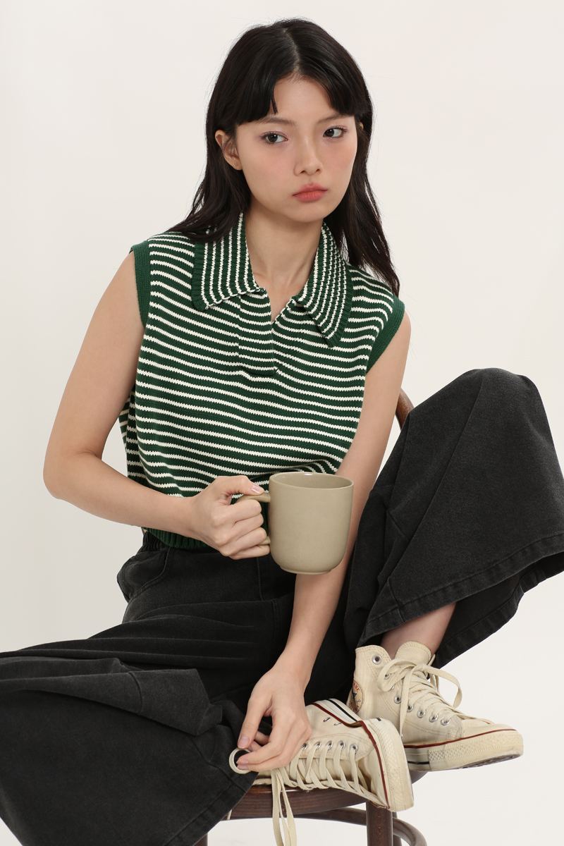 KENDALL STRIPE COLLAR KNIT TOP IN GREEN/WHITE
