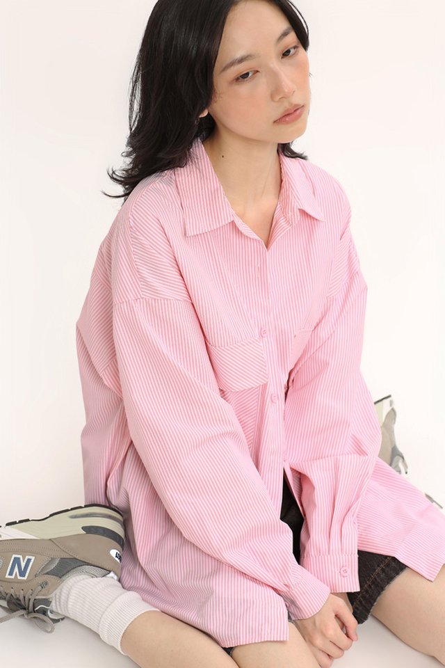 MINDY DOUBLE POCKET STRIPE SHIRT IN PINK/WHITE