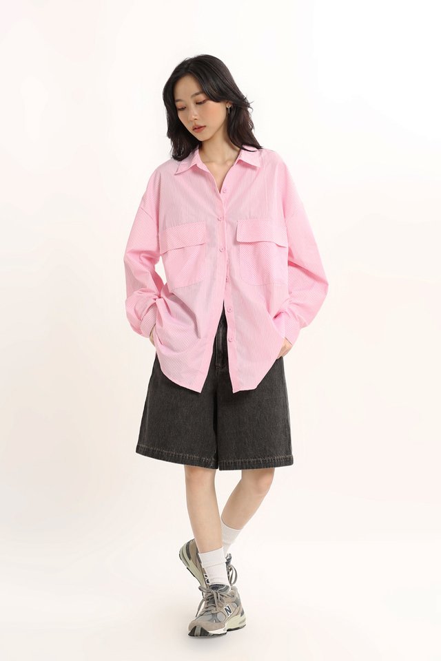 MINDY DOUBLE POCKET STRIPE SHIRT IN PINK/WHITE