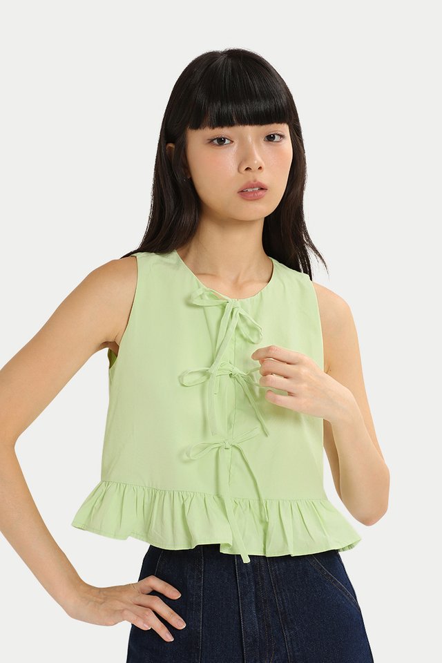 CARRIE RIBBON TIE FRILL TOP IN APPLE
