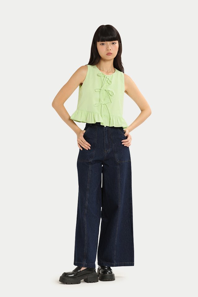 CARRIE RIBBON TIE FRILL TOP IN APPLE