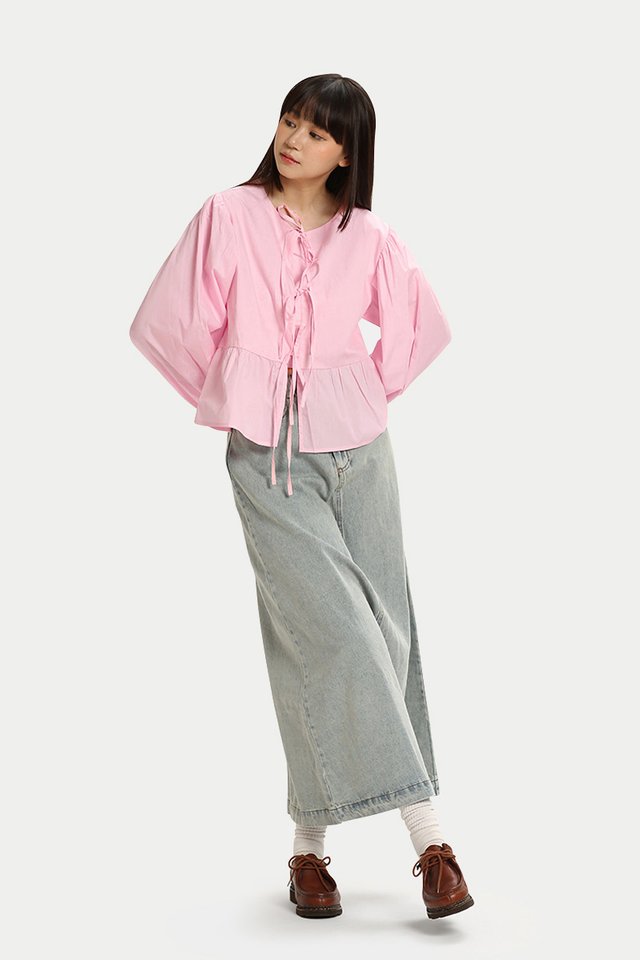 ENORA RIBBON TIE SLEEVES TOP IN PINK