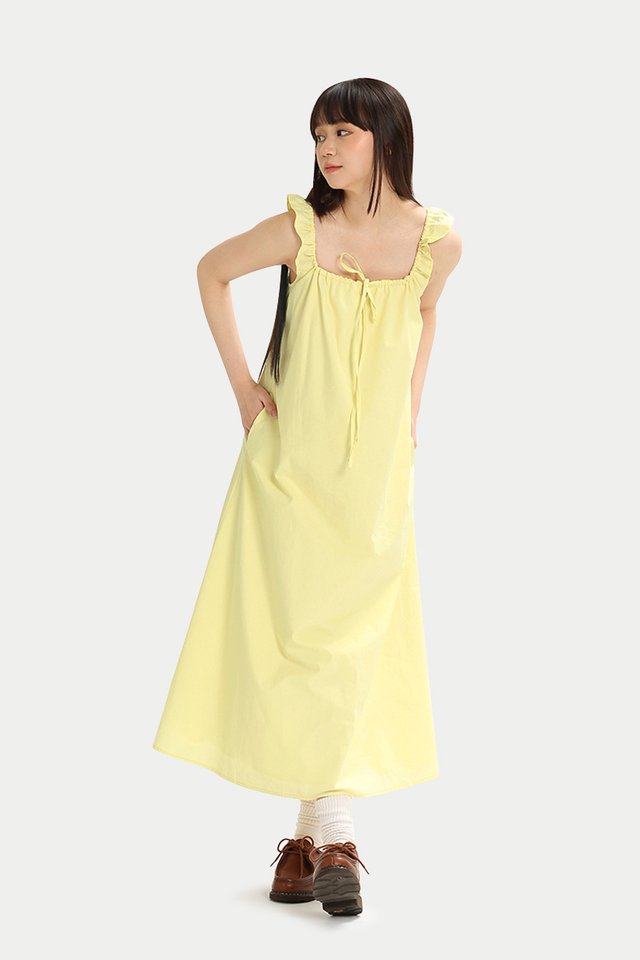 RYLIE FRILL MIDI DRESS IN BUTTER