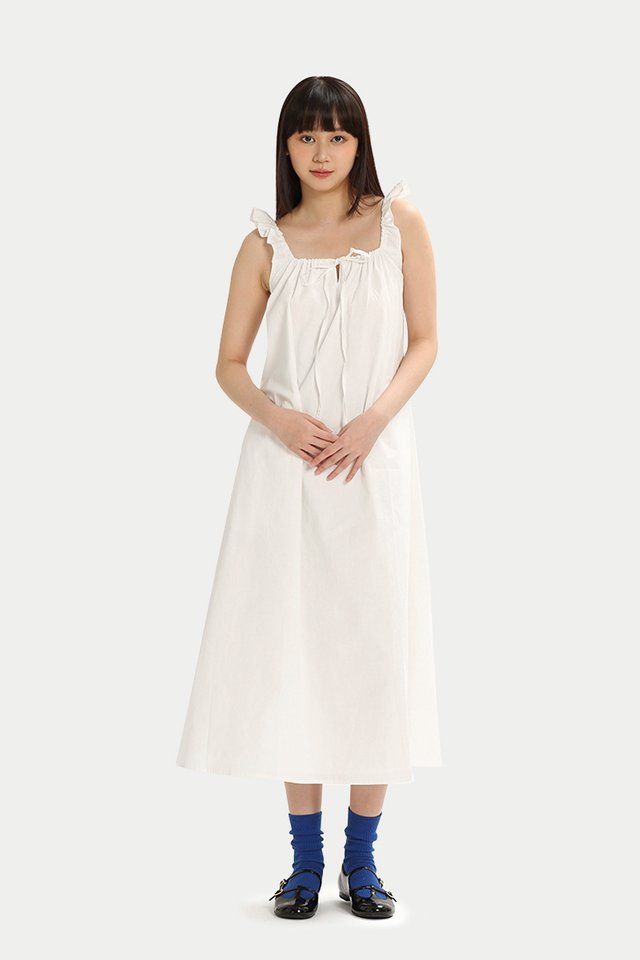 RYLIE FRILL MIDI DRESS IN WHITE