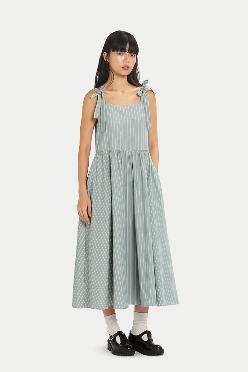 MILLER RIBBON STRAP MIDI DRESS IN BLUE STRIPE