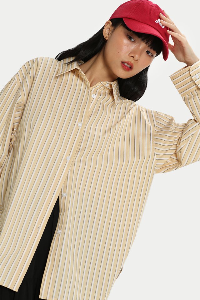 DALE OVERSIZED CURVE HEM SHIRT IN BUTTER STRIPE