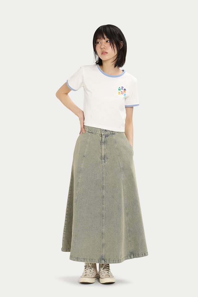 SKYLAR PANELLED DENIM SKIRT IN VINTAGE WASH
