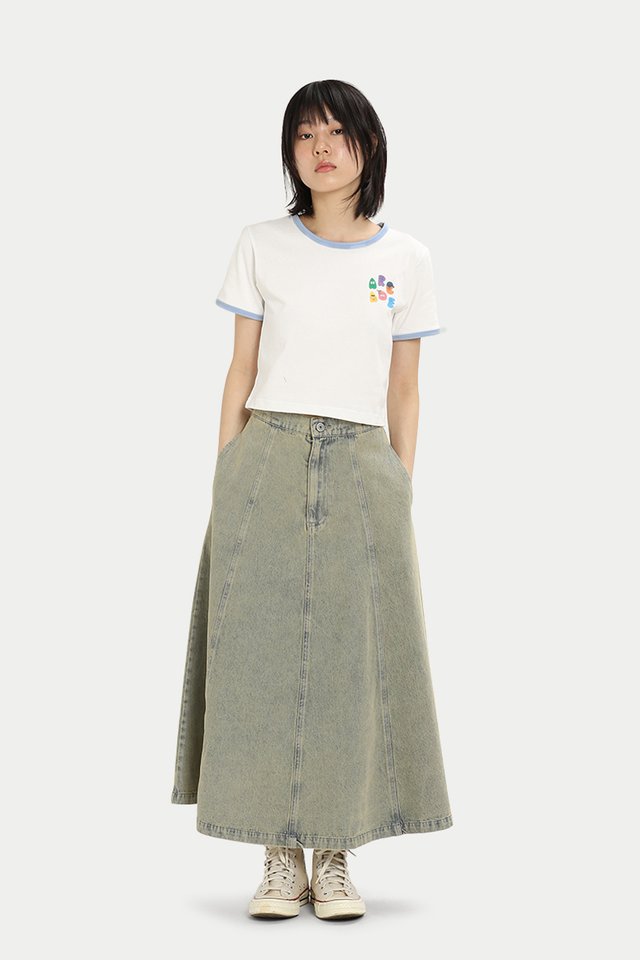 SKYLAR PANELLED DENIM SKIRT IN VINTAGE WASH