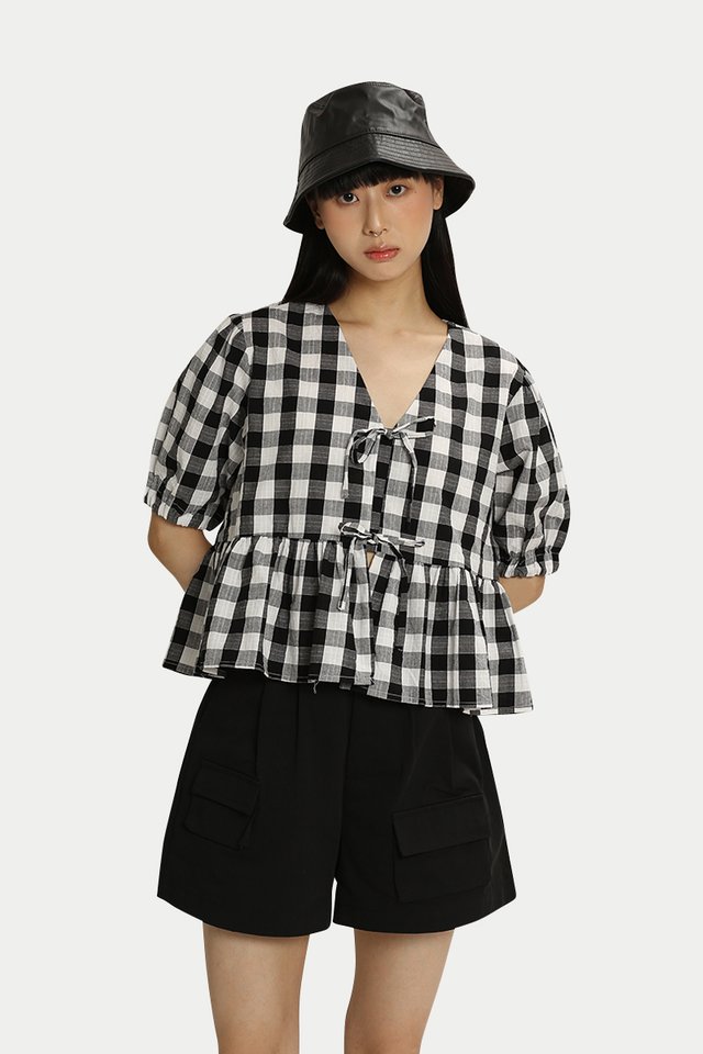 DONNA CHECKERED RIBBON TIE BLOUSE IN BLACK