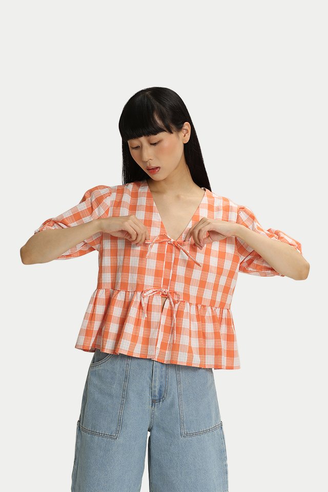 DONNA CHECKERED RIBBON TIE BLOUSE IN ORANGE