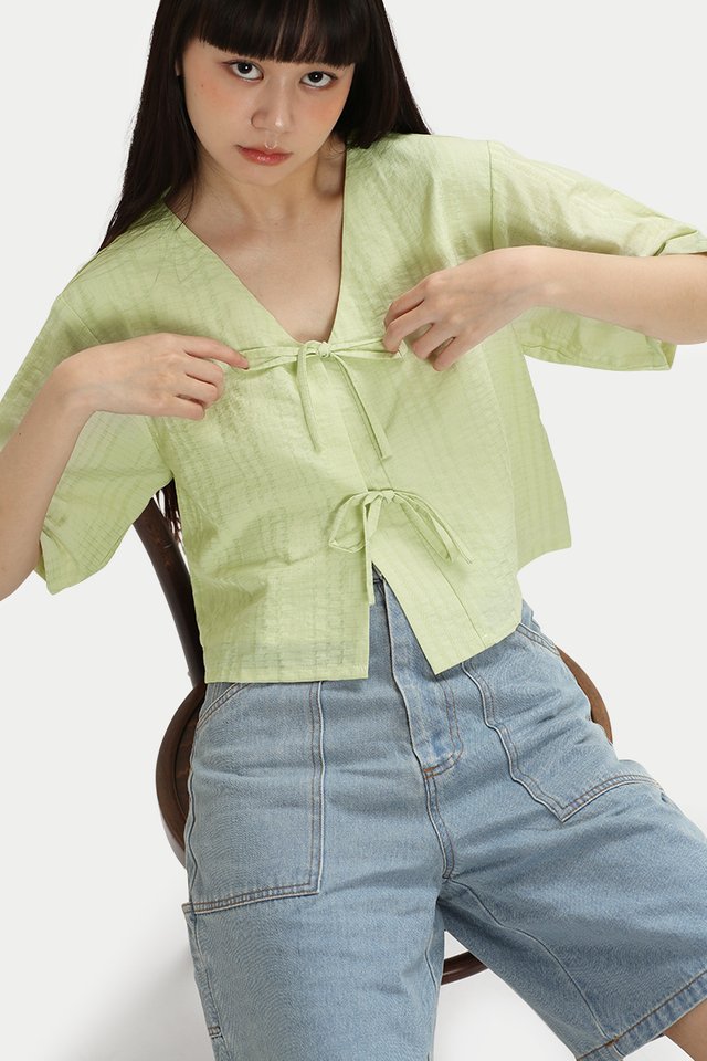 FINNEY TEXTURED STRIPE TIE BLOUSE IN APPLE