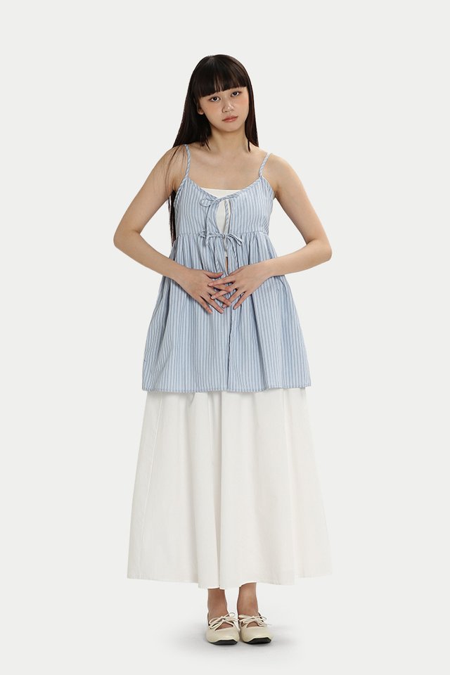 RUTH OVERLAY TIE TOP IN BLUE STRIPE