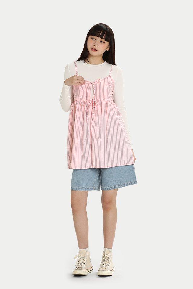 RUTH OVERLAY TIE TOP IN PINK STRIPE