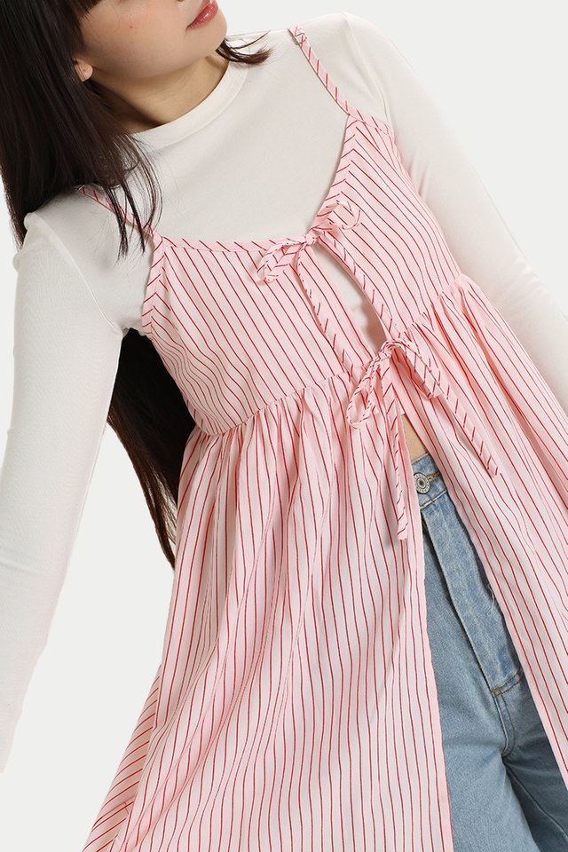 RUTH OVERLAY TIE TOP IN PINK STRIPE