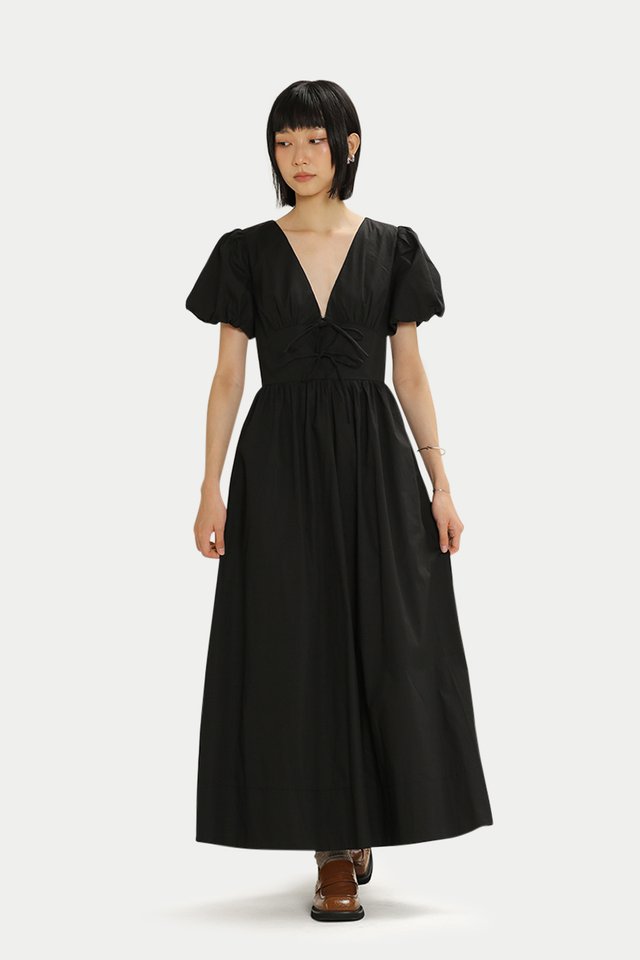DESIREE PUFF SLEEVES V NECK DRESS IN BLACK