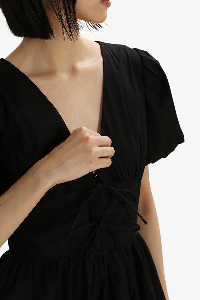 DESIREE PUFF SLEEVES V NECK DRESS IN BLACK