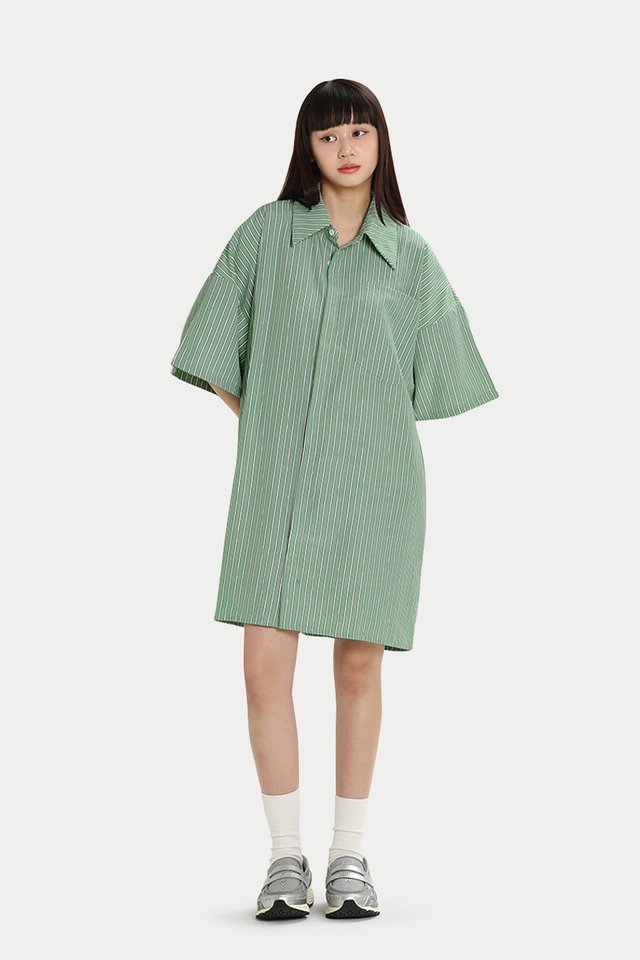 ELINE BOXY SHIRT DRESS IN GREEN STRIPE