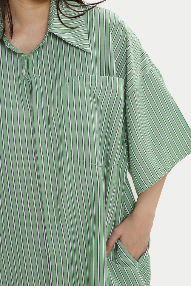 ELINE BOXY SHIRT DRESS IN GREEN STRIPE