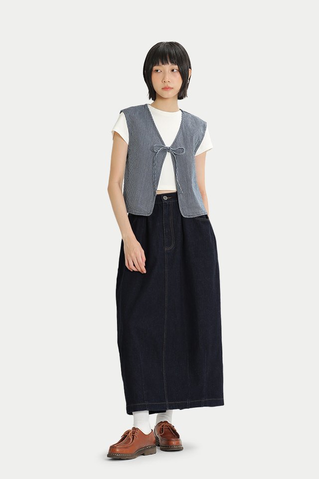 ETHEL HICKORY STRIPE TIE VEST IN NAVY