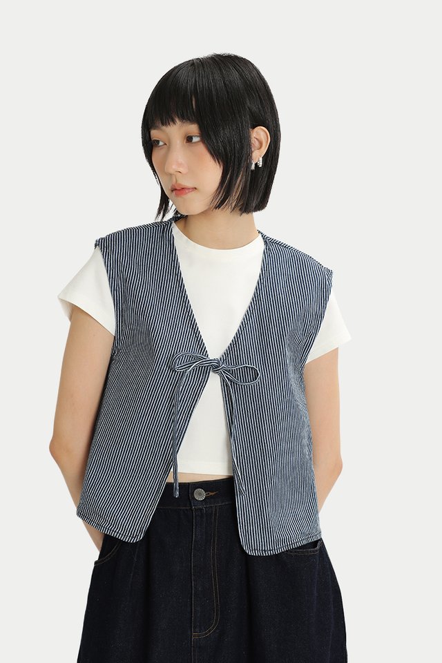 ETHEL HICKORY STRIPE TIE VEST IN NAVY