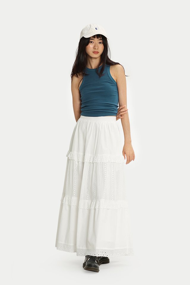 EULA BRODERIE TIER SKIRT IN WHITE