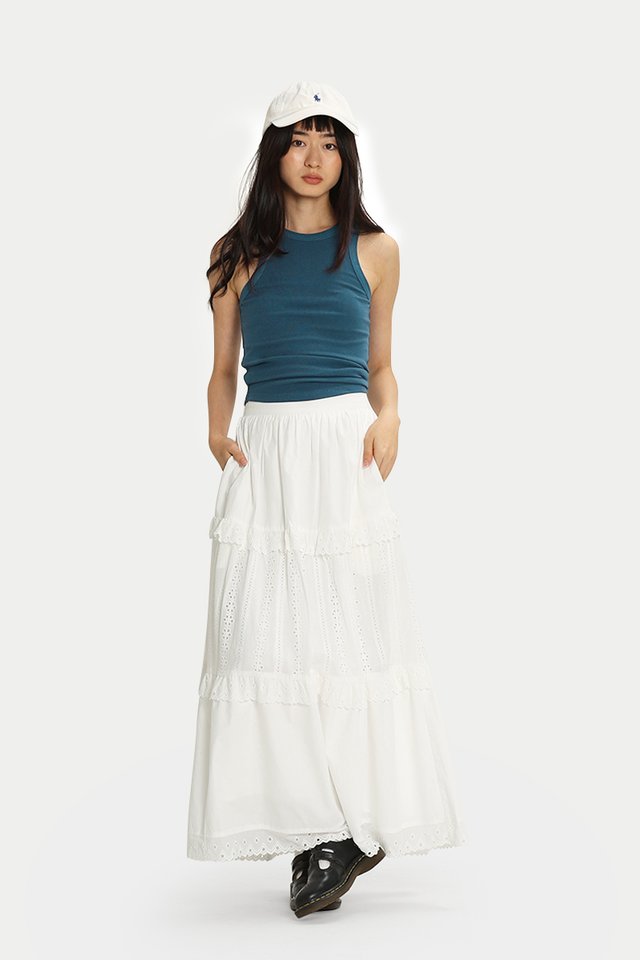 EULA BRODERIE TIER SKIRT IN WHITE