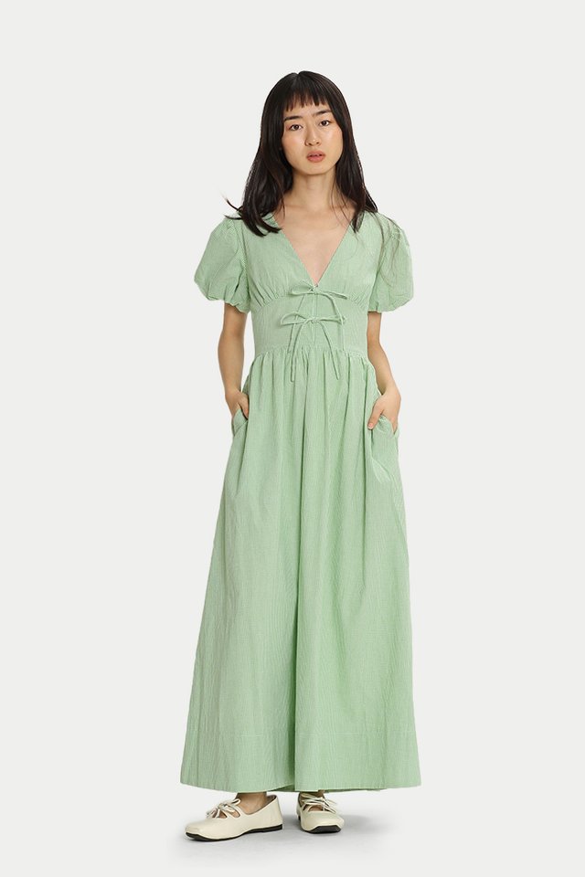 DESIREE PUFF SLEEVES V NECK DRESS IN GREEN CHECKS