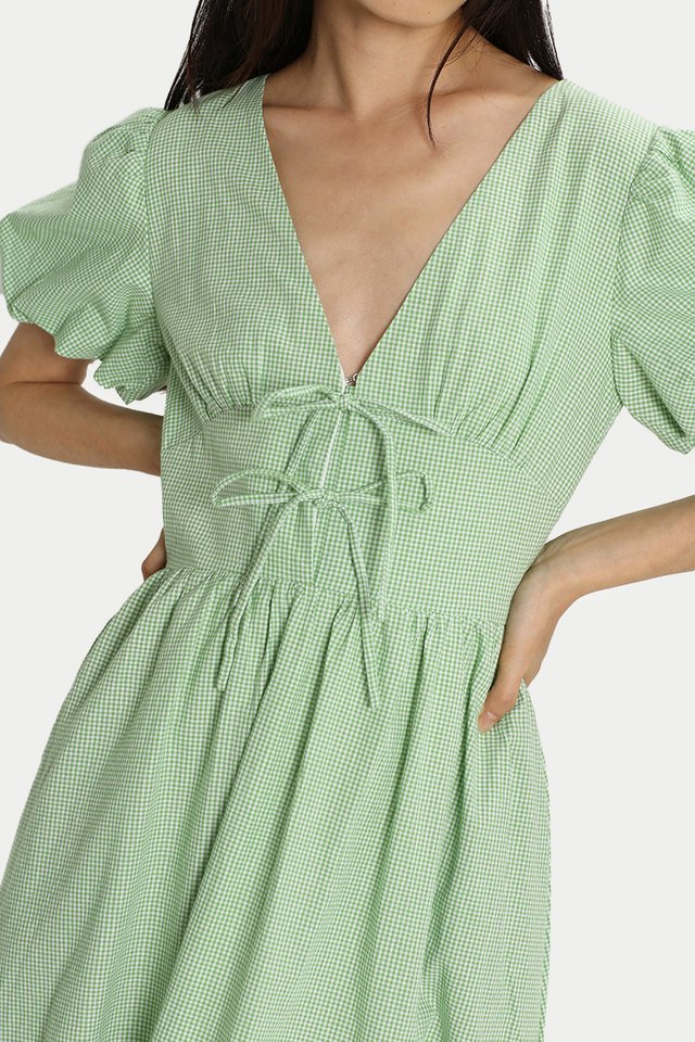 DESIREE PUFF SLEEVES V NECK DRESS IN GREEN CHECKS