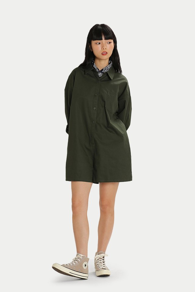 MEG OVERSIZED SHIRT ROMPER IN DEEP OLIVE