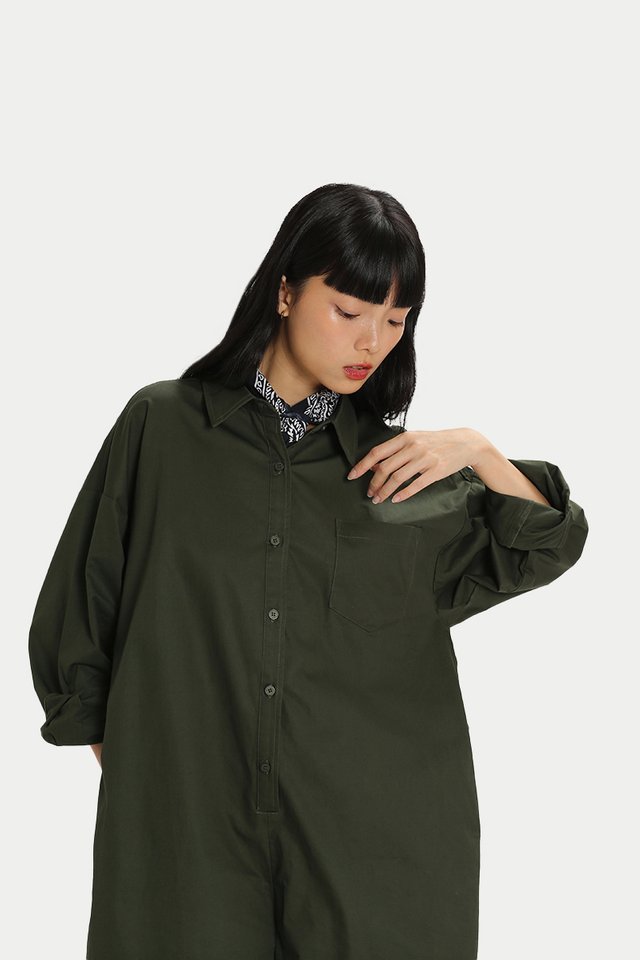 MEG OVERSIZED SHIRT ROMPER IN DEEP OLIVE
