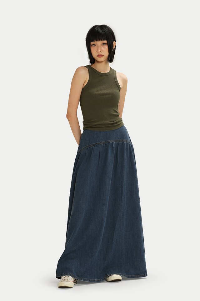 RHETT DENIM MIDI SKIRT IN MID WASH